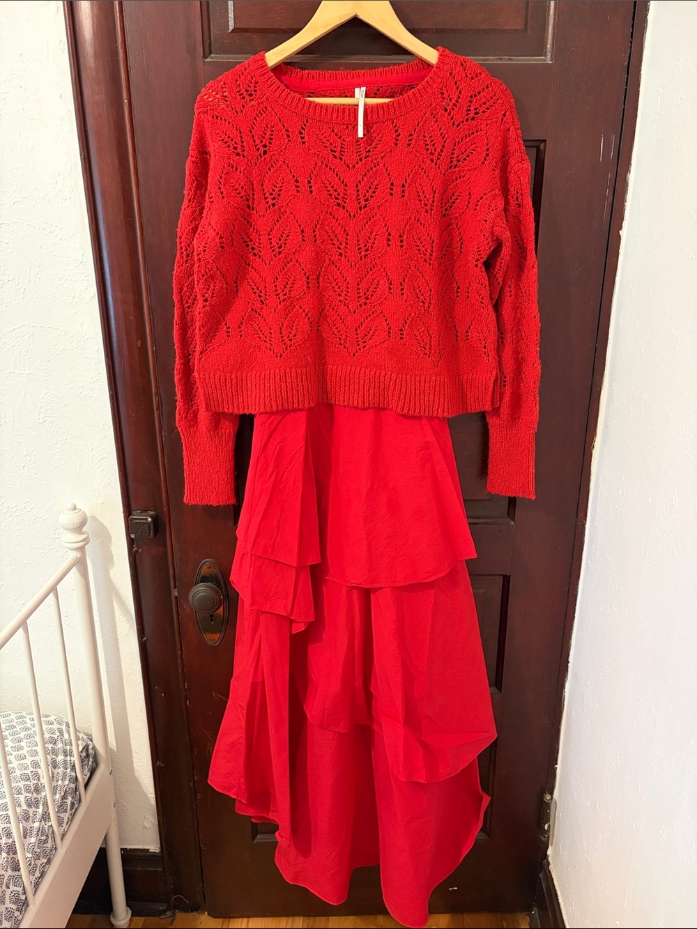 Anthropologie Red Layered Maxi Dress with Red Knit Sweater